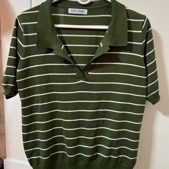 Kate Kasin Green Striped Polo Shirt - Picture 2 of 5